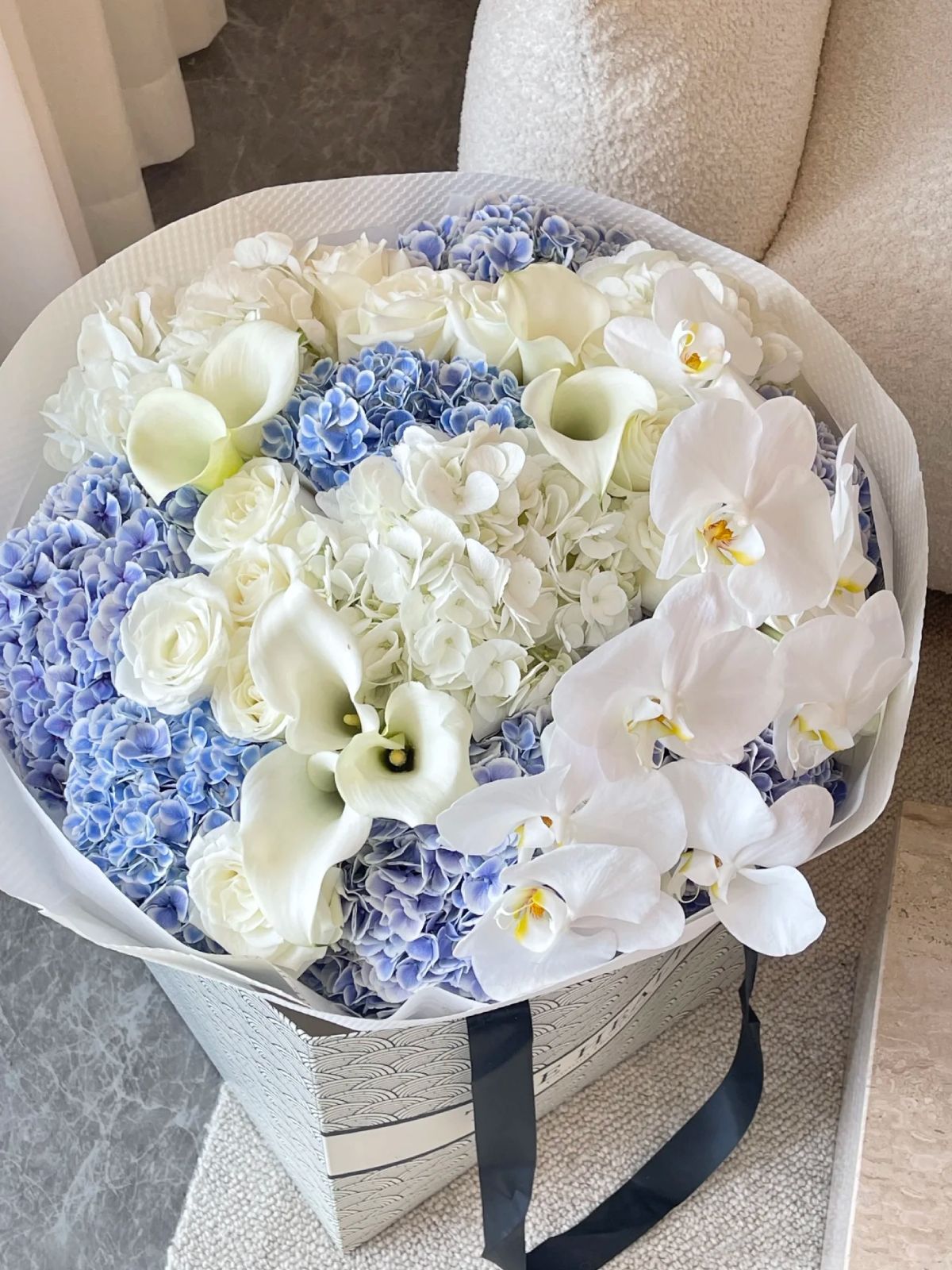 blue hydrangea and white calla lily bouquet Windsor