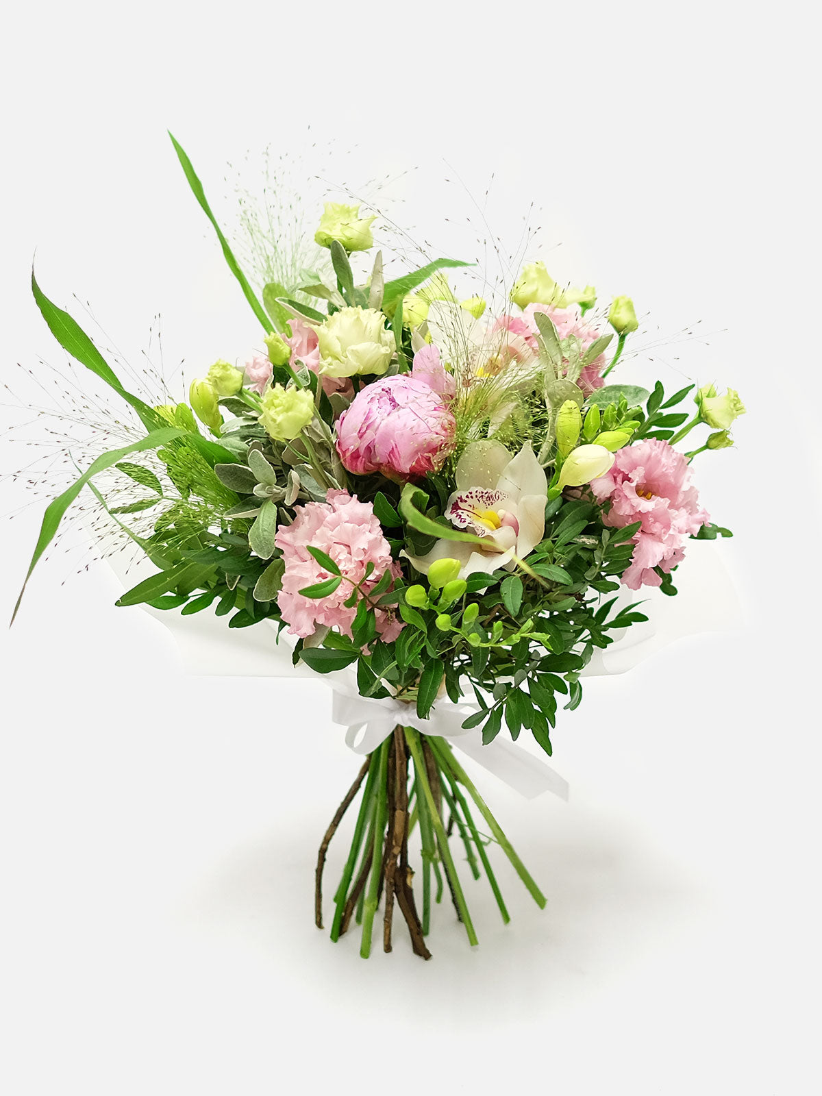 A medium-sized bouquet with pink peonies, lisianthus, and cymbidium orchids, wrapped in a white ribbon with green leaves and a water bag.